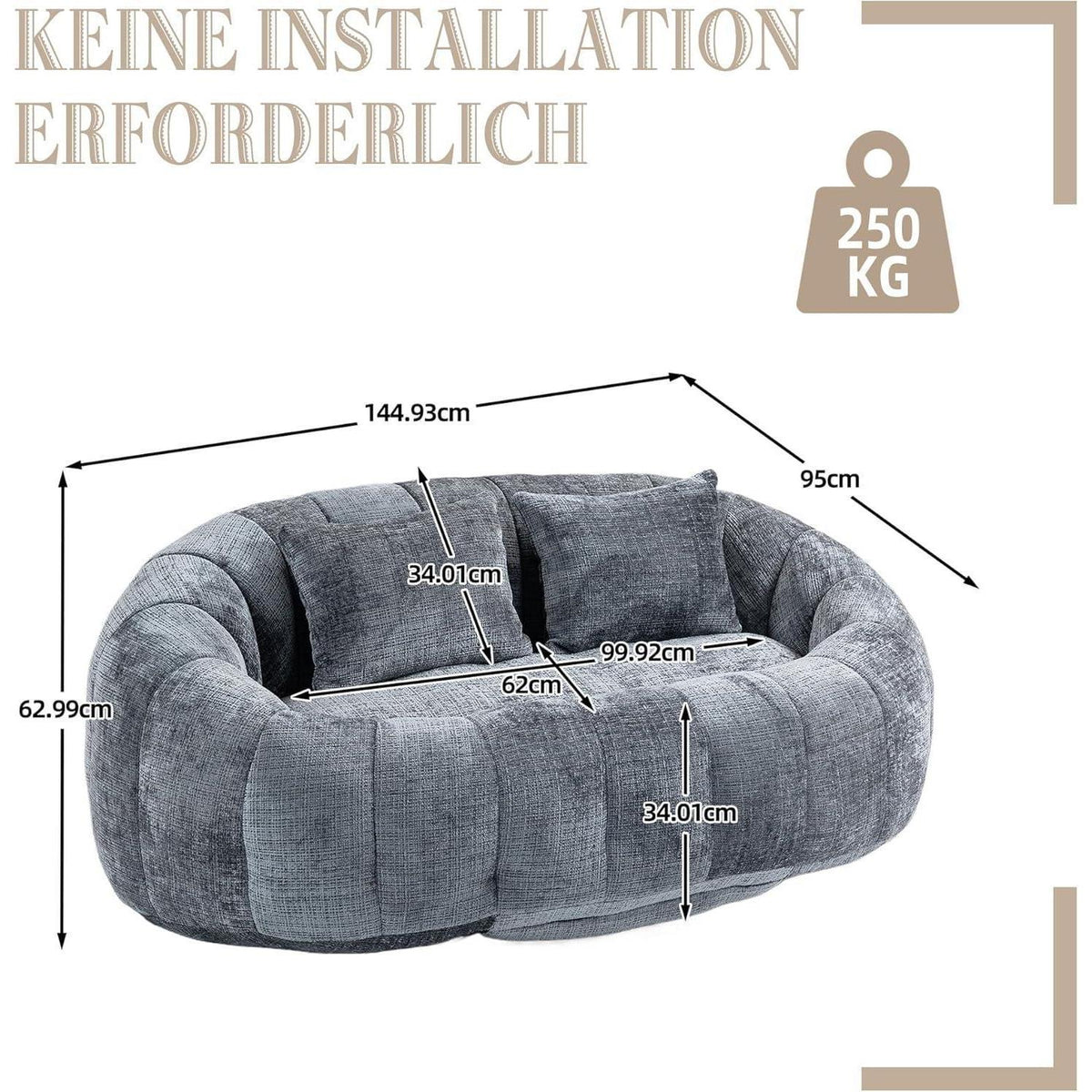 Zweisitzer Boneless Couch mit Memory Schaum – Grau