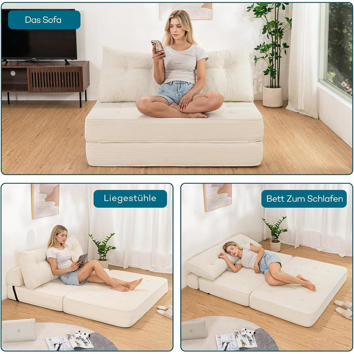 Faltbares Schlafsofa 3-in-1 – Schlafsessel & Gästebett Beige