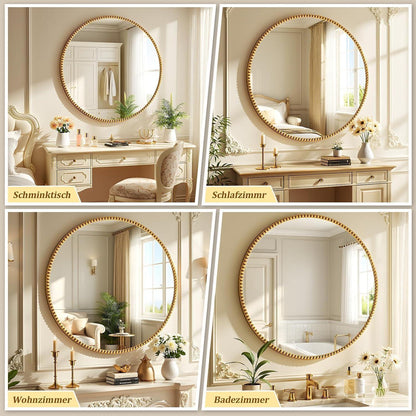 Runder Wandspiegel 80cm mit Gold PU Perlenrahmen – Retro Deko Spiegel