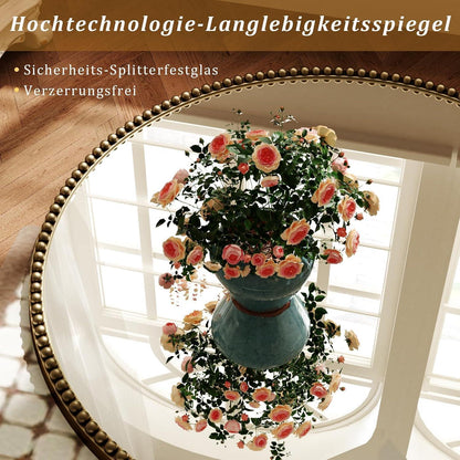 Runder Wandspiegel 90cm PU Perlenrahmen Braun Retro