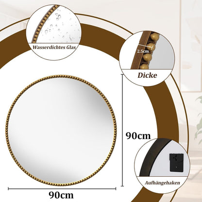 Runder Wandspiegel 90cm PU Perlenrahmen Braun Retro