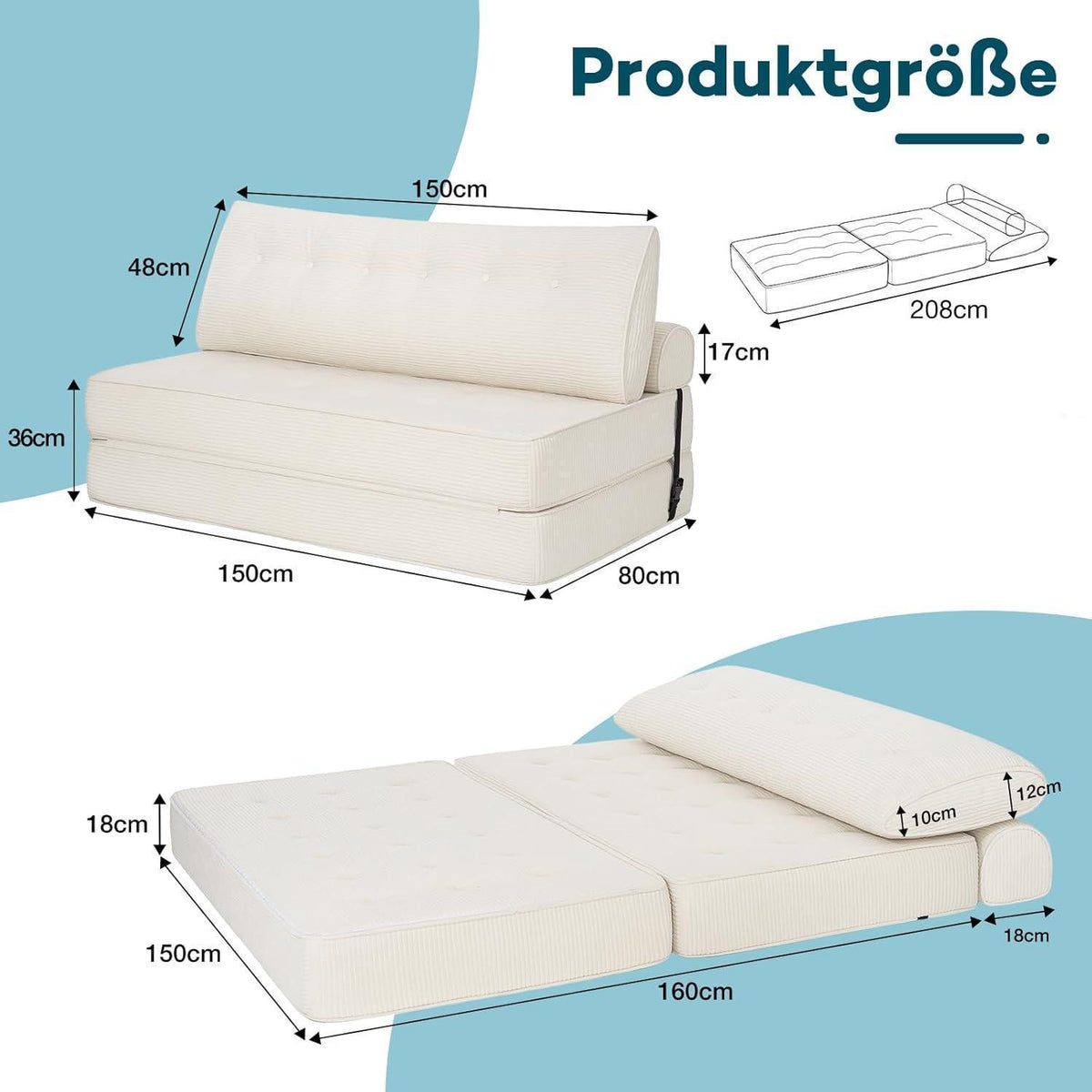 Faltbares Schlafsofa 3-in-1 – Schlafsessel & Couch Bett Beige