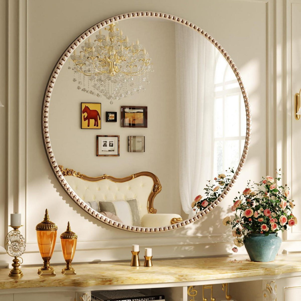Runder Wandspiegel 90cm mit PU-Perlenrahmen in Silber – Retro Design