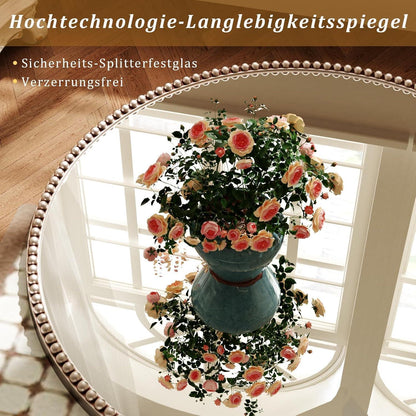 Runder Wandspiegel 70cm mit PU-Perlenrahmen in Silber – Retro Design