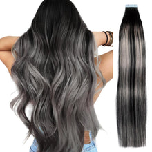 Remy Haarverlängerung Balayage Ombré Schwarz-Silbergrau 45cm