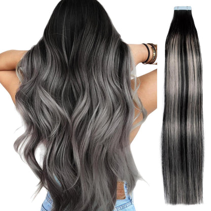 Remy Haarverlängerung Balayage Ombré Schwarz-Silbergrau 45cm