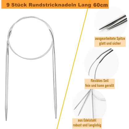 Rundstricknadel Set Edelstahl 9 Größen 2,5-10mm 60cm