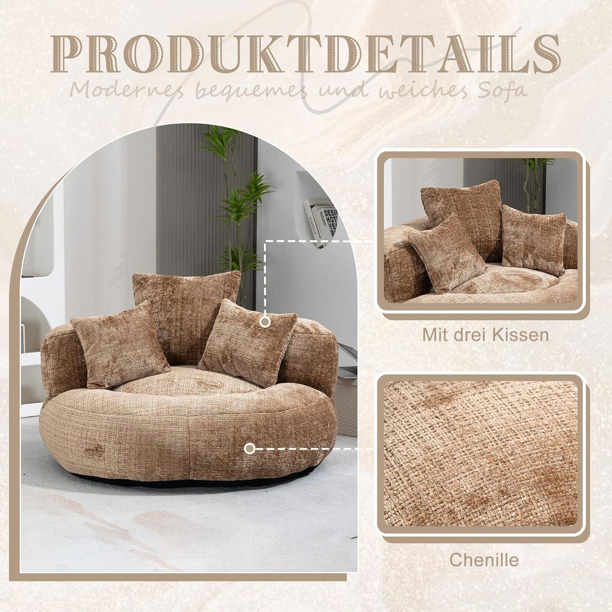 Lazy Sofa mit Hohem Rücken & 3 Kissen – Lounger Sitzsack Sofa Braun