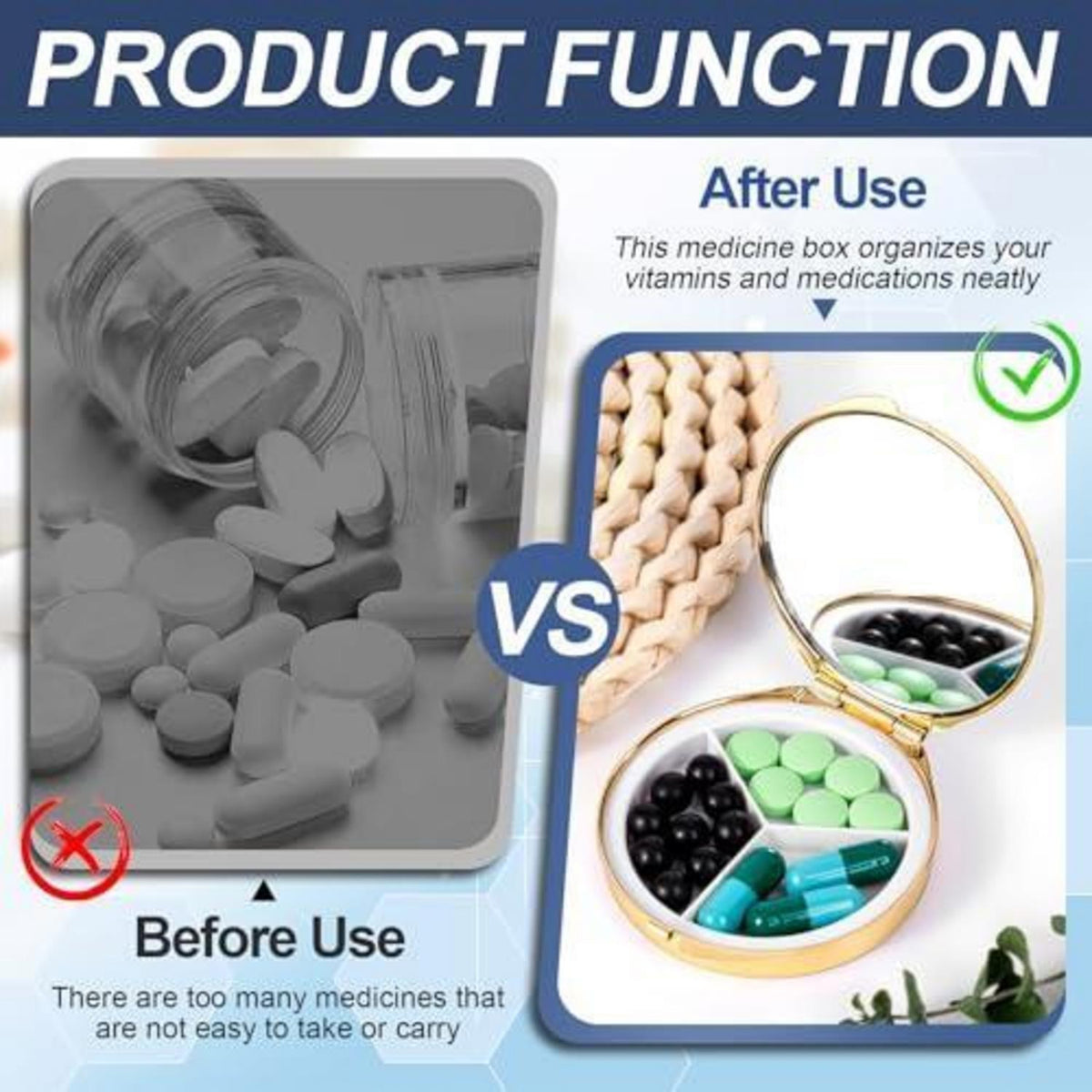 Metall Pillendose mit Spiegel & 3 Fächern – Reise-Organizer