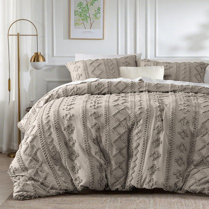 Boho Bettwäsche Set 135x200 Khaki Getuftet Geometrisch