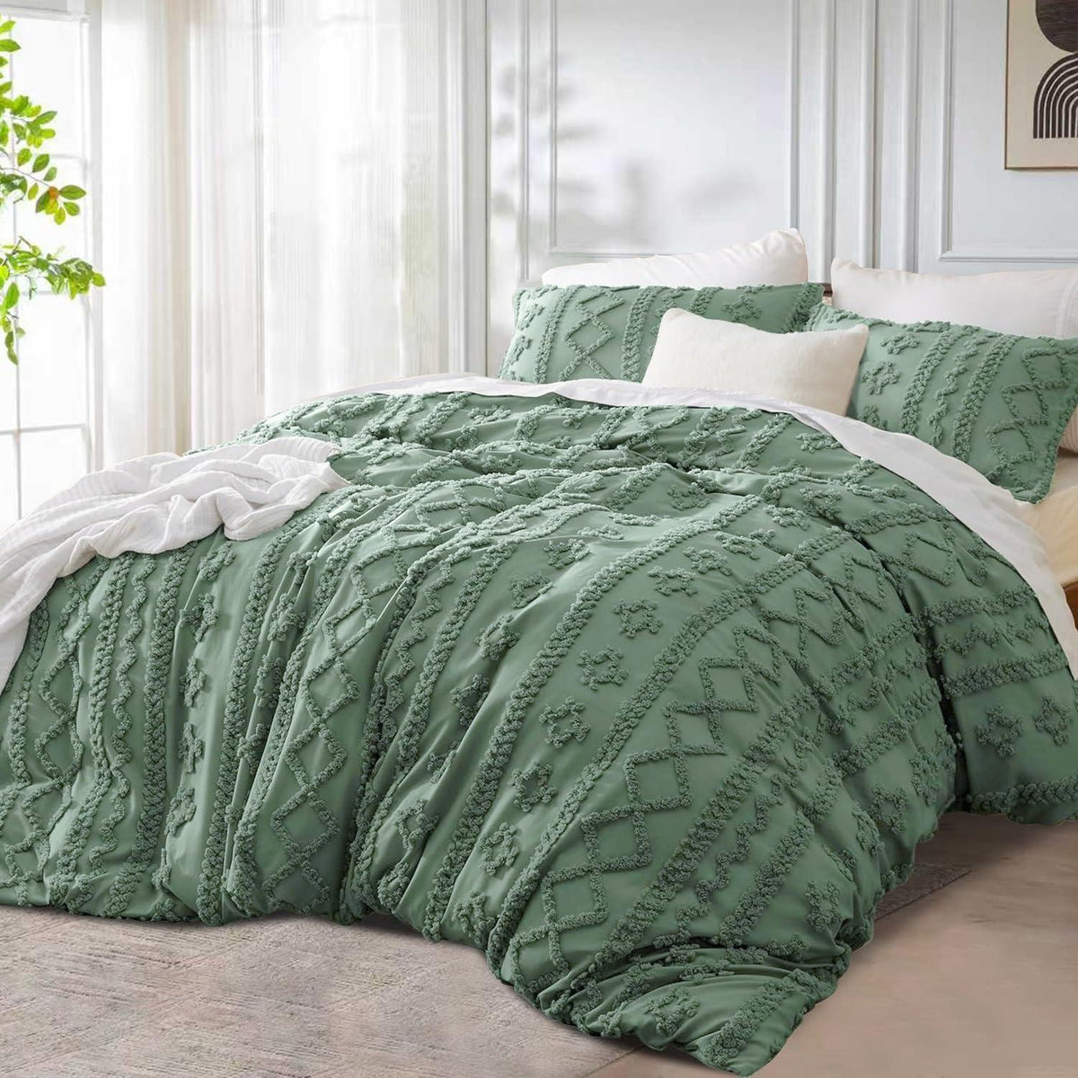 Boho Bettwäsche Set Dunkelgrün 200x220 mit Kissenbezügen