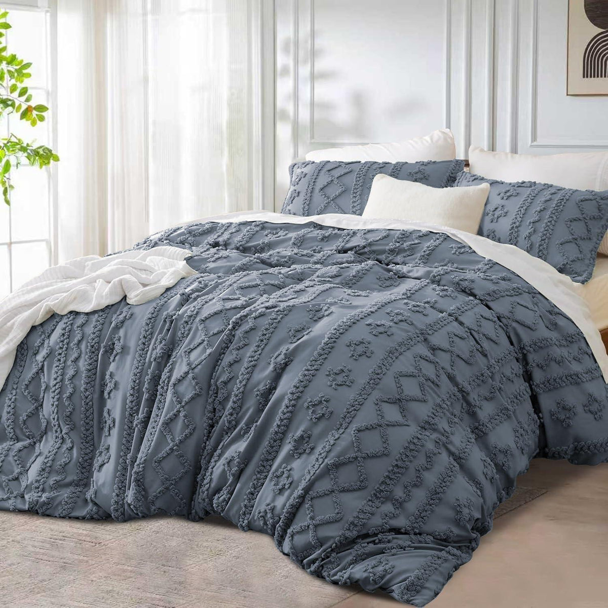 Boho Bettwäsche Set 135x200 Grau Dunkelgrau Getuftet