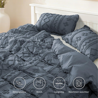 Boho Bettwäsche Set 135x200 Grau Dunkelgrau Getuftet