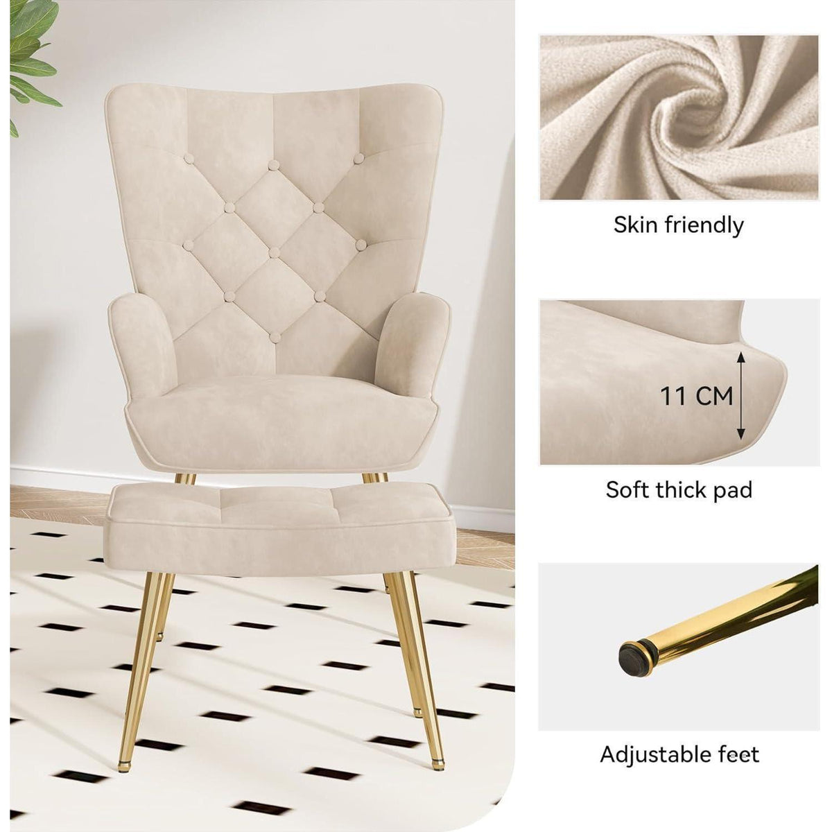 Loungesessel mit Hocker – Modernes Samt-Wohnzimmer Sofa Creme