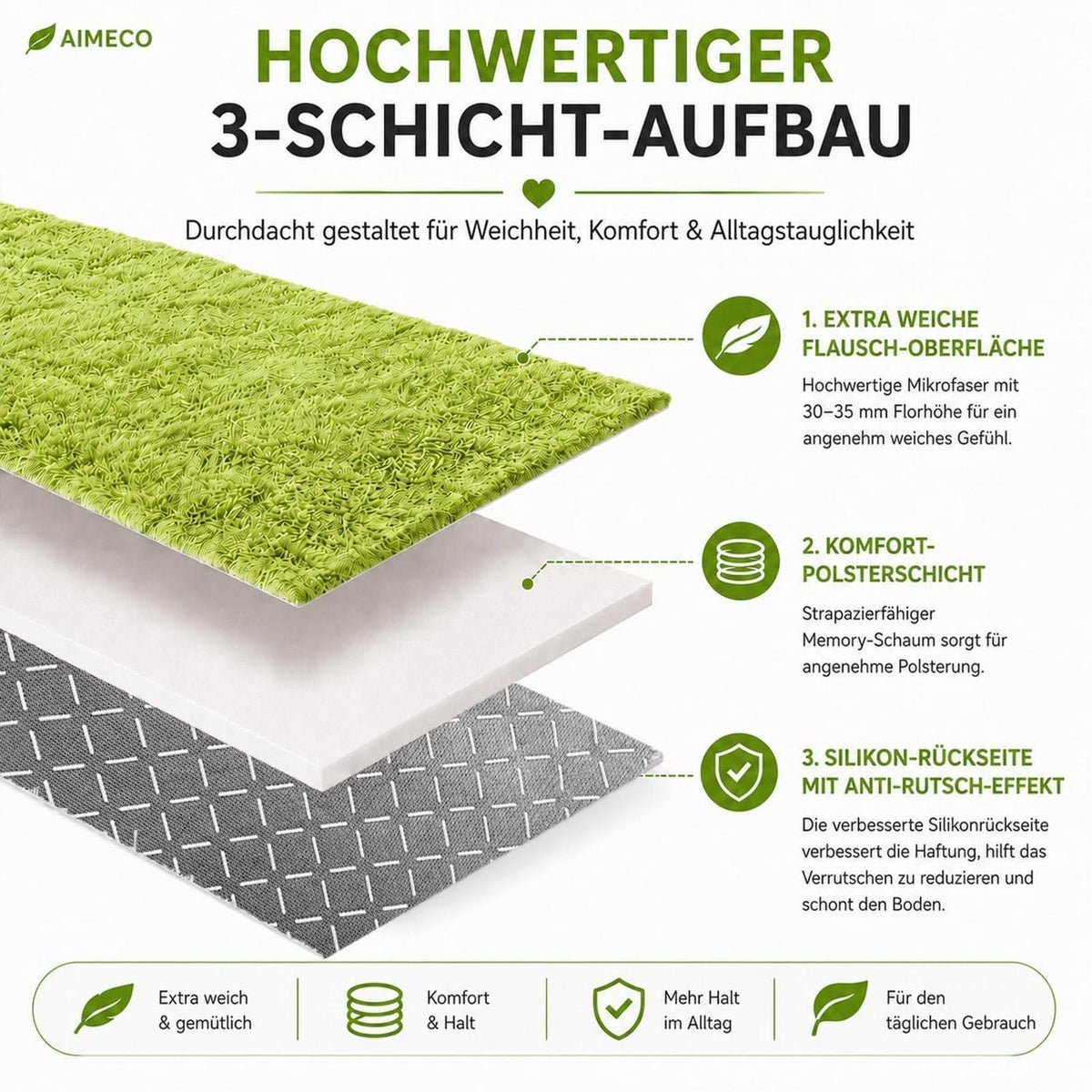 Flauschiger Hochflor Teppich 160x200cm - Grün, Skandinavisch