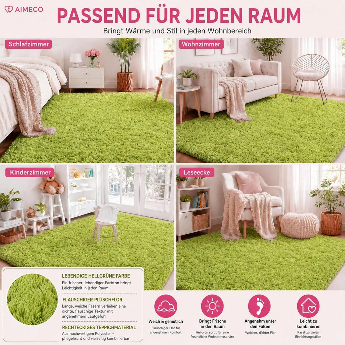 Flauschiger Hochflor Teppich 160x200cm - Grün, Skandinavisch