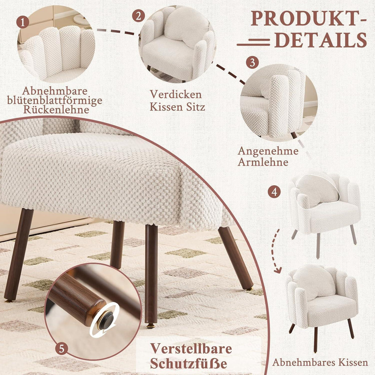 Gepolsterter Muschelsessel mit Blütenblatt-Rückenlehne, Beige, 2er-Set
