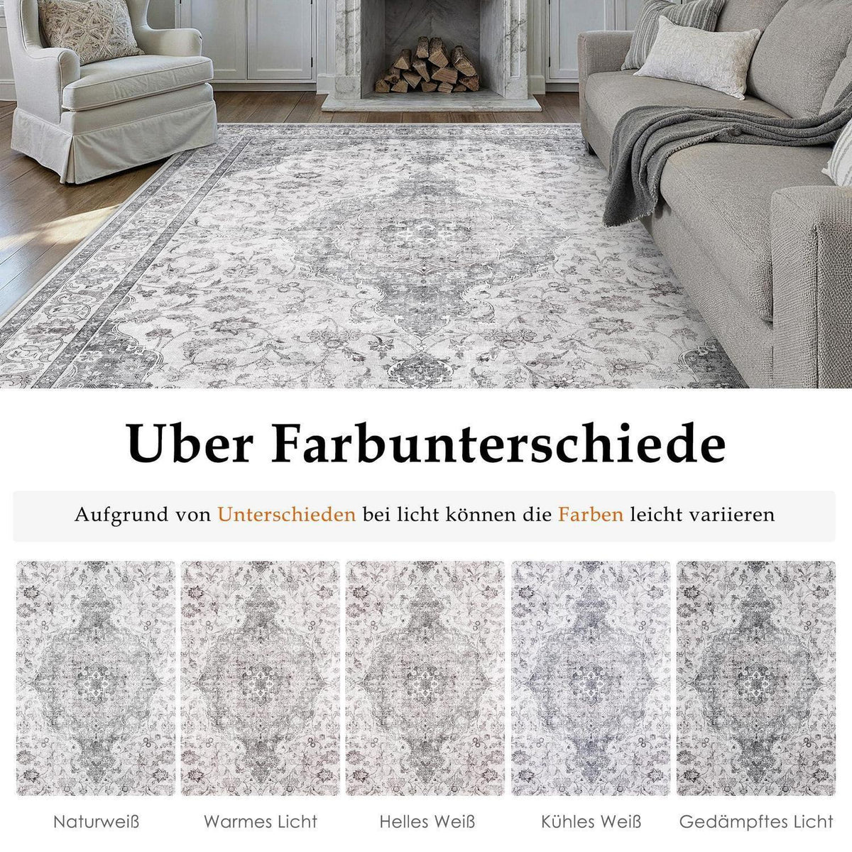 Grauer Vintage Teppich 160x230cm – Waschbar & Rutschfest