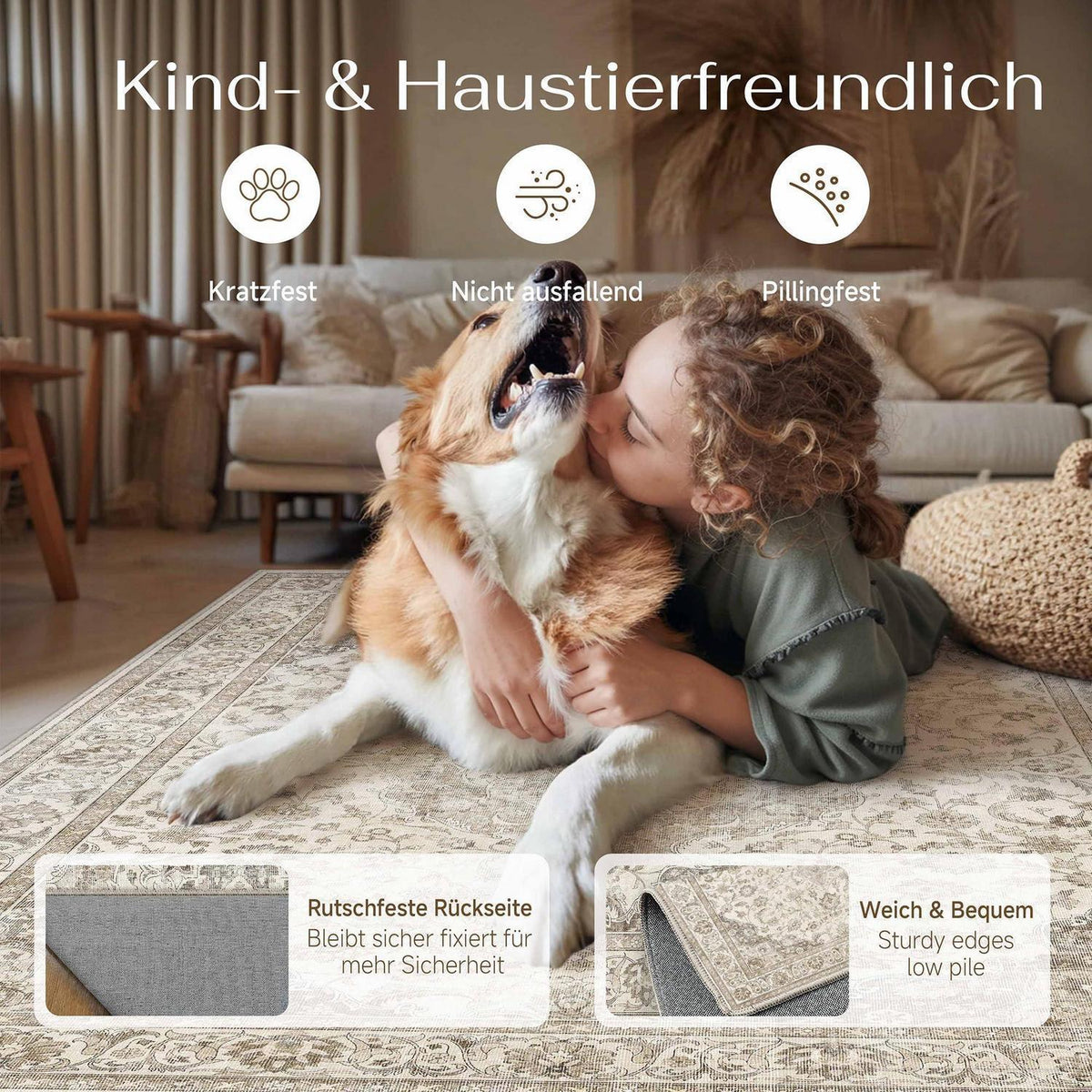 Vintage Teppich Braun 200x300cm Waschbar & Rutschfest