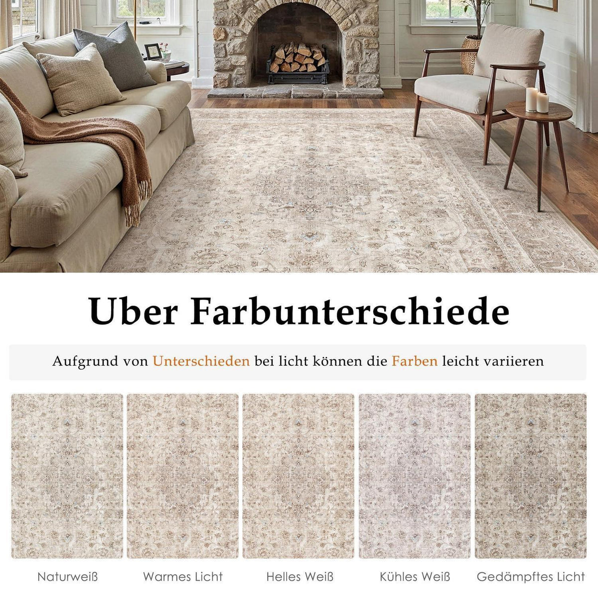 Waschbarer Wohnzimmerteppich Beige 200x300cm Vintage Kurzflor