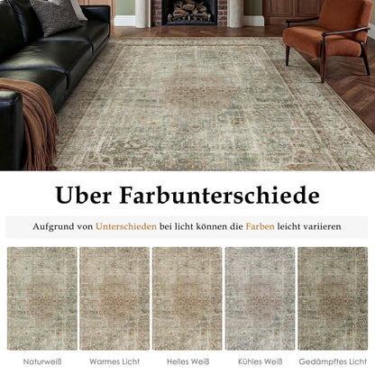 Vintage Teppich Grün Braun 200x300cm Waschbar Kurzflor