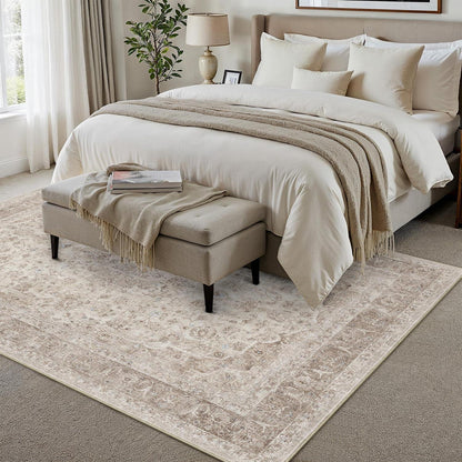 Waschbarer Beige Teppich 160x230cm – Vintage Kurzflor Wohnteppich