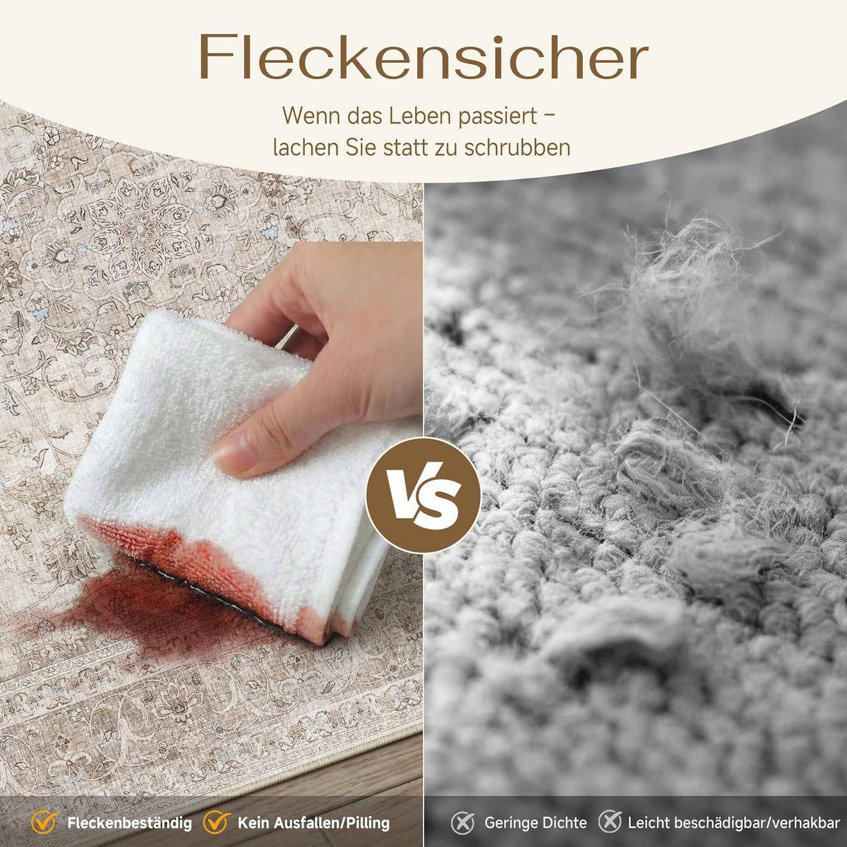 Waschbarer Beige Teppich 160x230cm – Vintage Kurzflor Wohnteppich