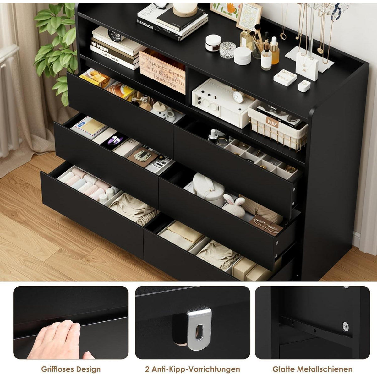 Kommode 120cm Schwarz – 6 Schubladen, Sideboard für Schlafzimmer
