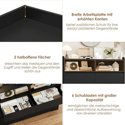 Kommode 120cm Schwarz – 6 Schubladen, Sideboard für Schlafzimmer
