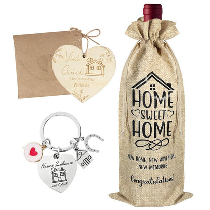 Einzugsgeschenk Set: Weinbeutel, Schlüsselanhänger & Glücksbringer