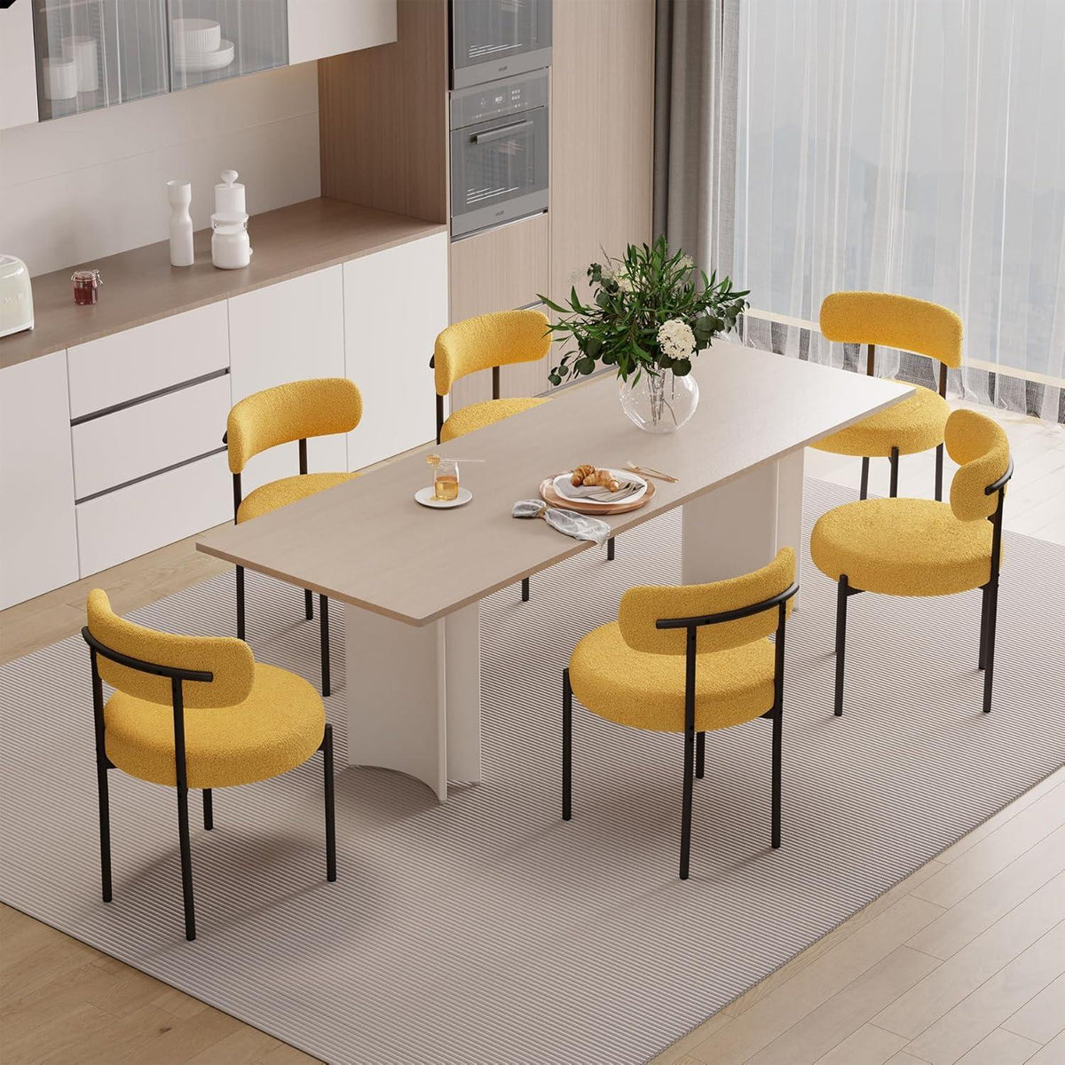 Esszimmerstühle 6er Set | Teddy Stoff Bouclé | Creme Weiß & Gelb