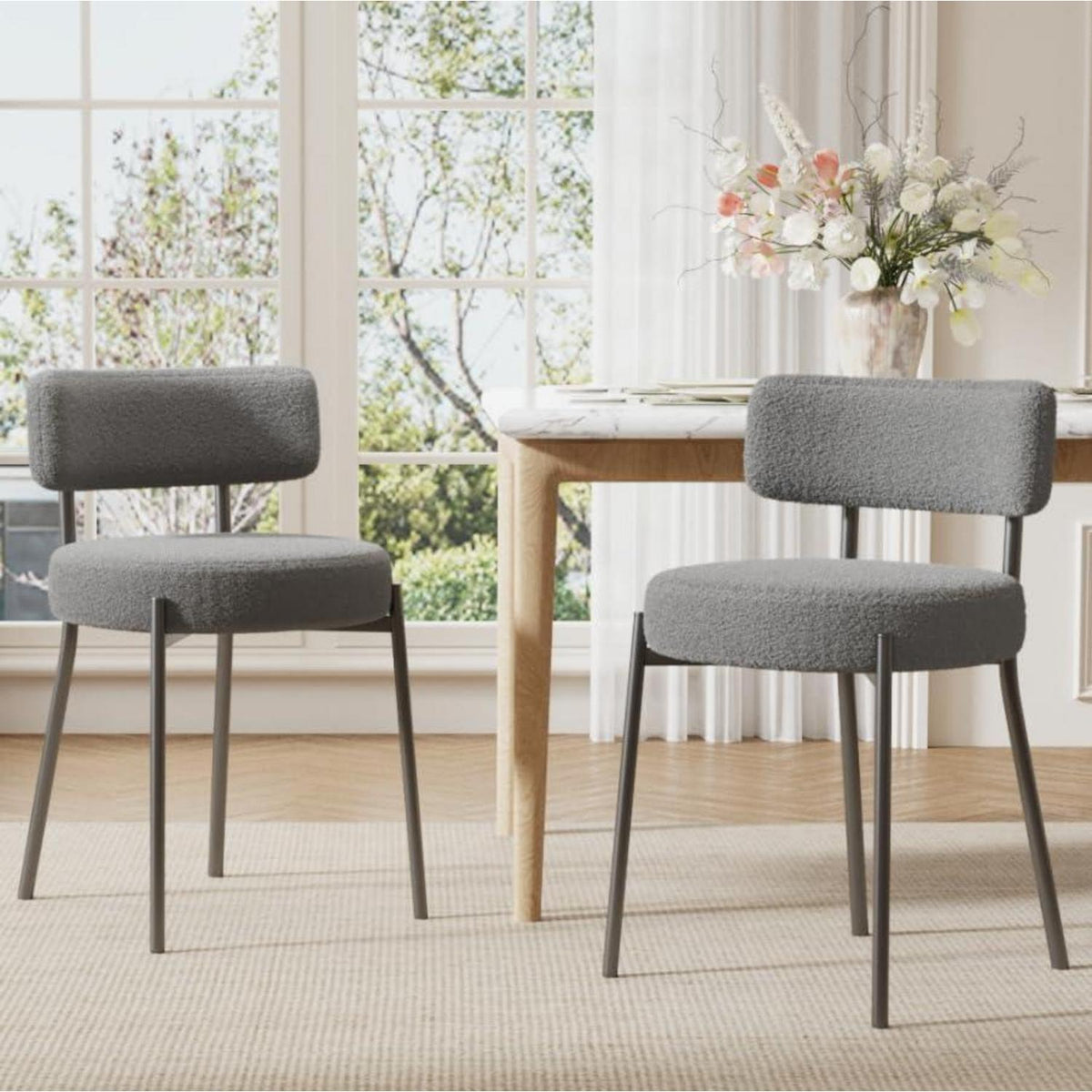 Esszimmerstühle 2er Set Grau – Bouclé Stoff & Metallbeine