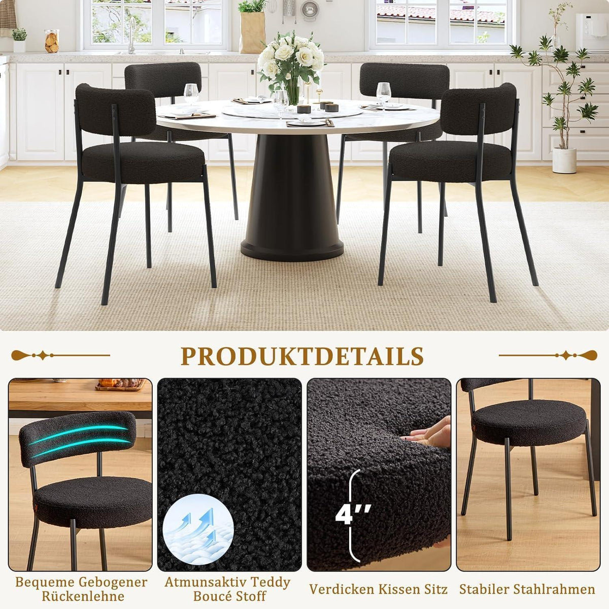 Esszimmerstühle 4er Set mit Teddy Boucle Stoff & Metallbeinen Schwarz
