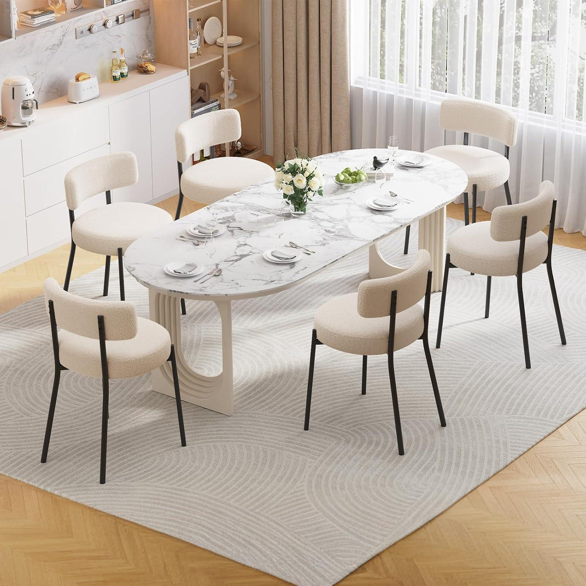 Esszimmerstühle 6er Set mit Boucle Stoff & Metallbeinen Weiß