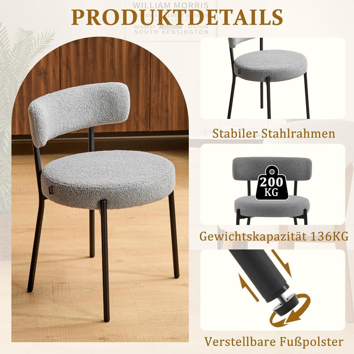 Esszimmerstühle Set 4 – Bequeme Bouclé Stühle Grau