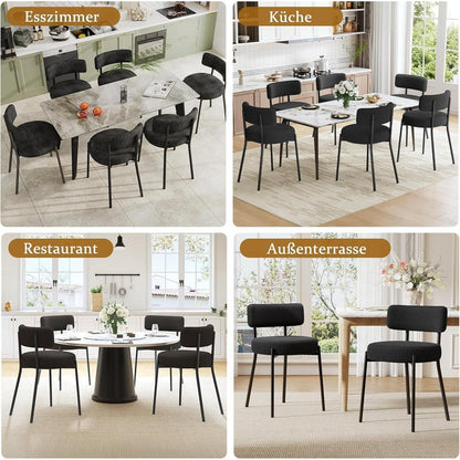 Esszimmerstühle 6er Set mit Teddy Boucle Stoff & Metallbeinen Schwarz