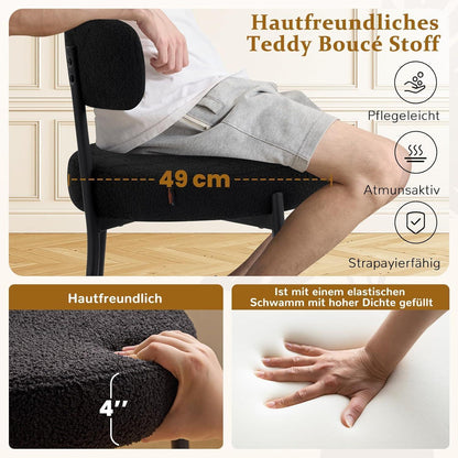 Esszimmerstühle 6er Set mit Teddy Boucle Stoff & Metallbeinen Schwarz
