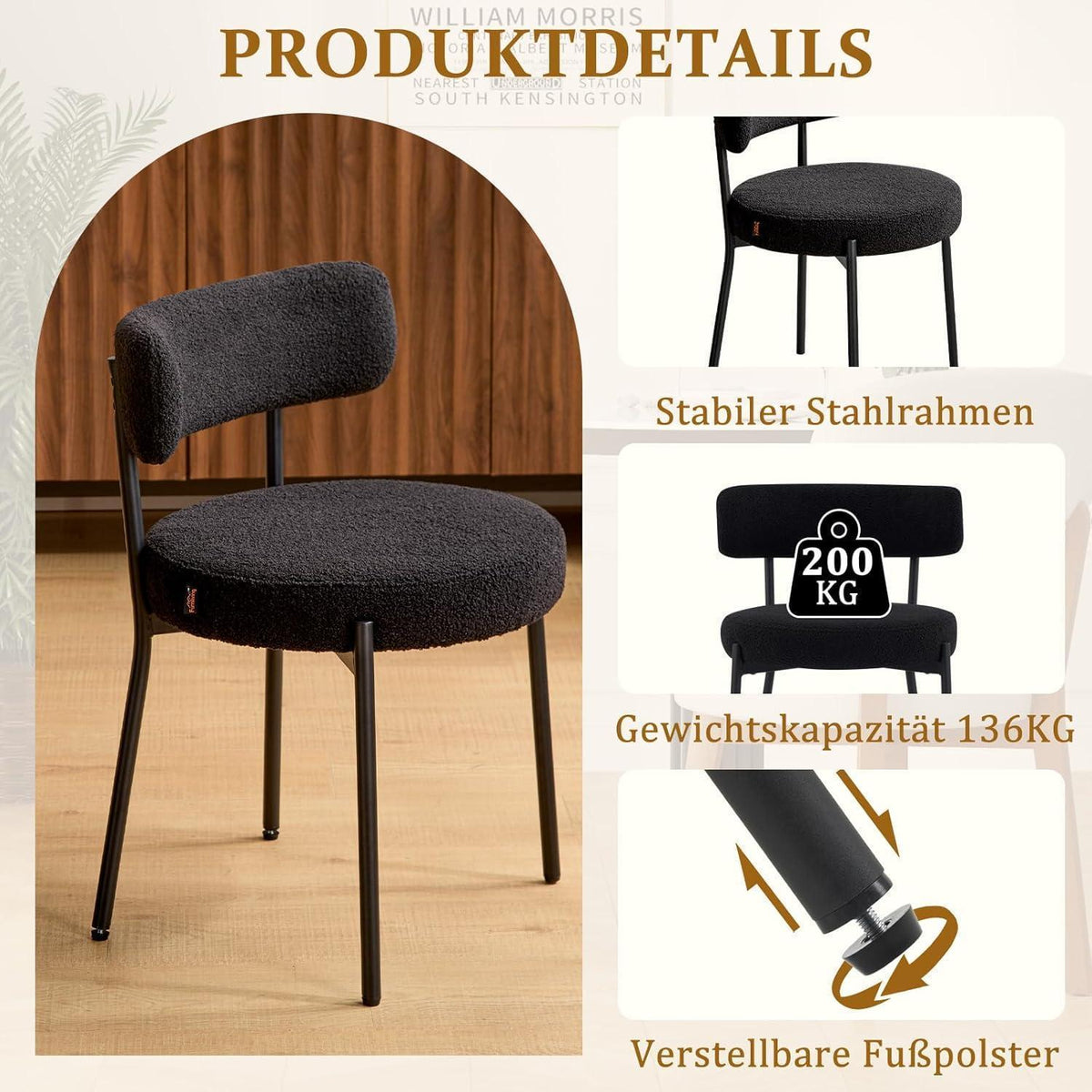 Esszimmerstühle 6er Set mit Teddy Boucle Stoff & Metallbeinen Schwarz