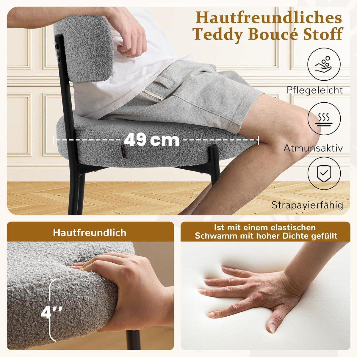 Esszimmerstühle 6er Set mit Boucle Stoff & Metallbeinen Grau