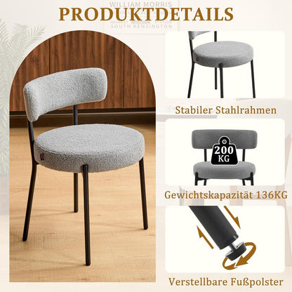 Esszimmerstühle 6er Set mit Boucle Stoff & Metallbeinen Grau