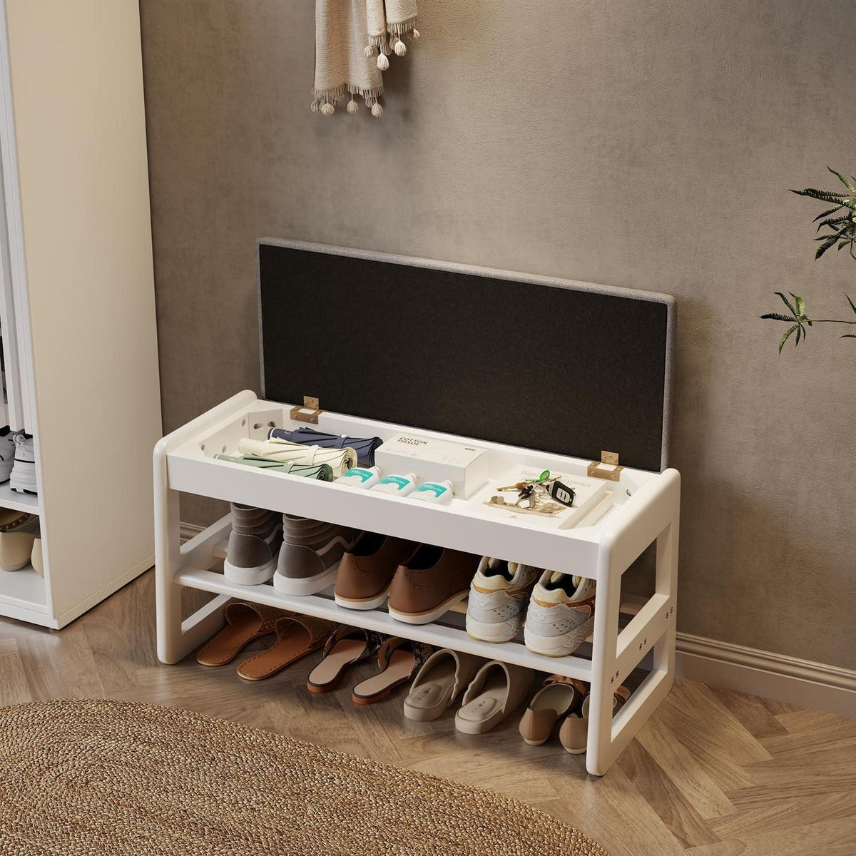 Schuhbank mit Kissen & Klappdeckel – Weiß 80cm