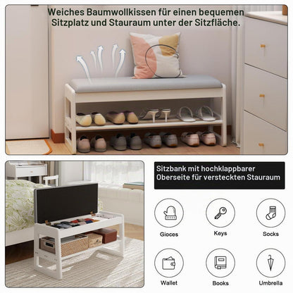 Schuhbank mit Kissen & Klappdeckel – Weiß 80cm