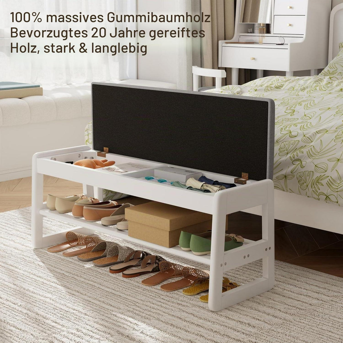 Schuhbank mit Kissen & Klappdeckel – Weiß 80cm