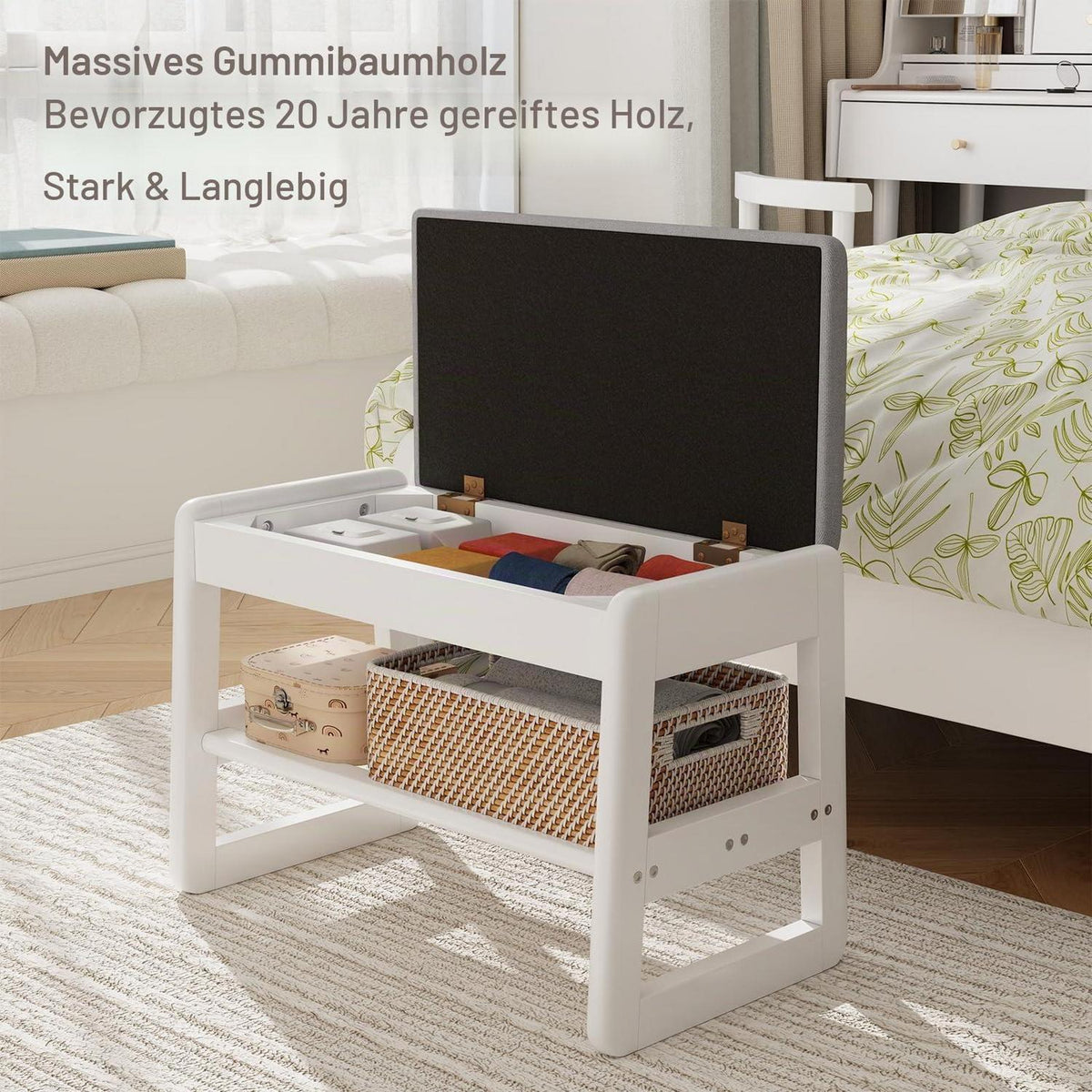 Schuhbank mit Kissen & Klappdeckel – Weiß 60cm