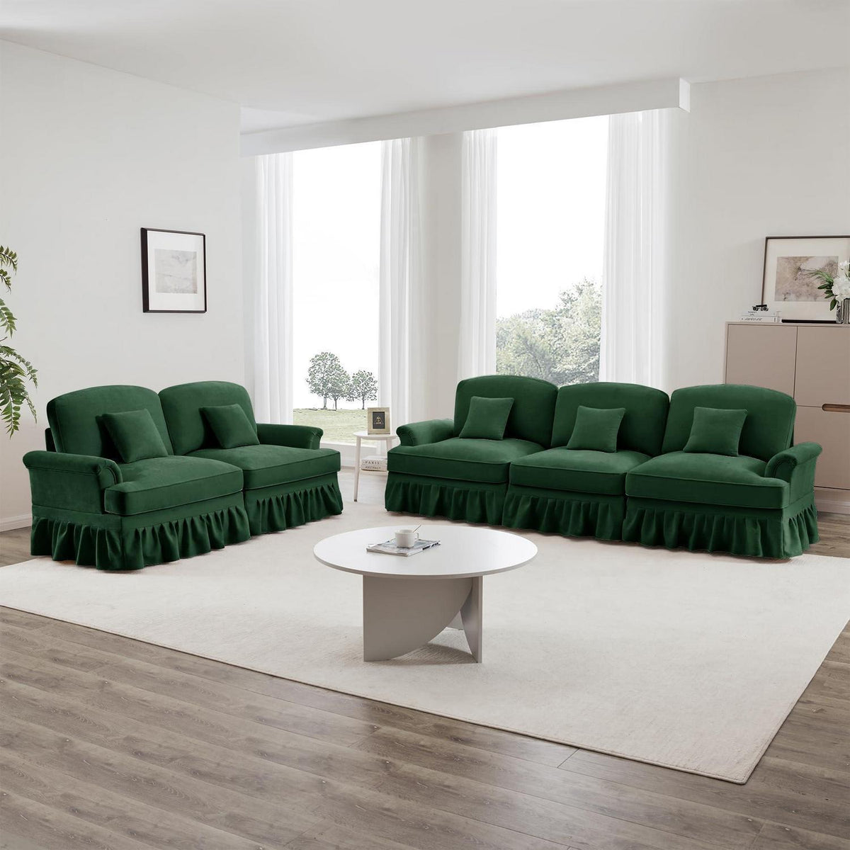 Modulares Sofa 3-Sitzer & 2-Sitzer mit Rüschenschürze, Grün