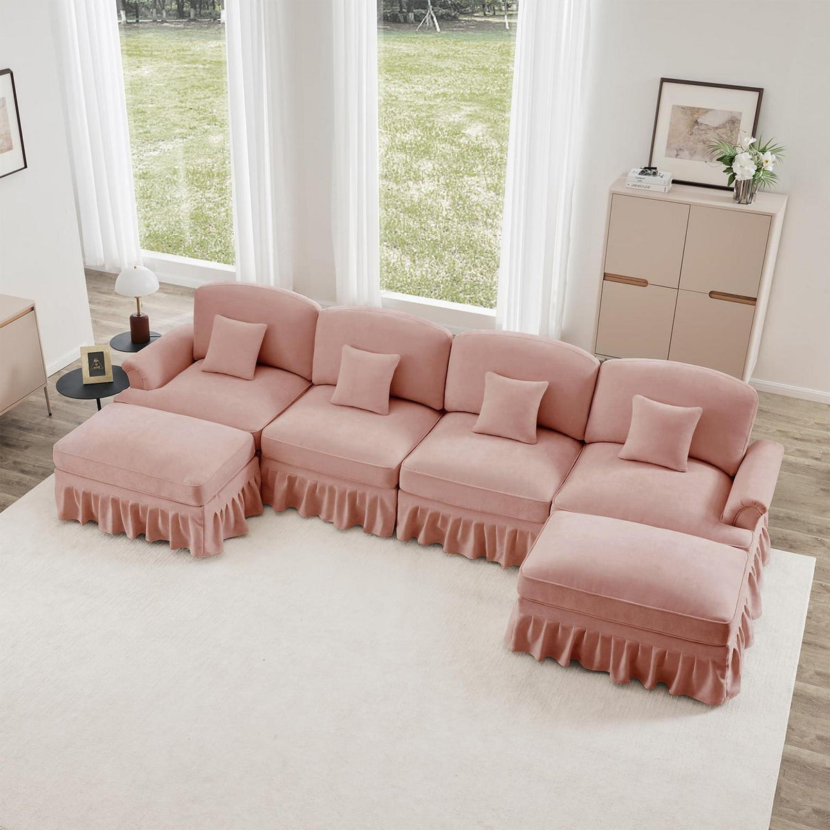 Mittelalter Ecksofa 4-Sitzer mit Rüschenschürze & Ottomane, Rosa