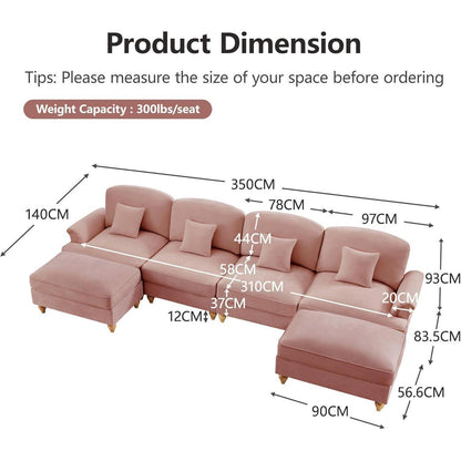 Mittelalter Ecksofa 4-Sitzer mit Rüschenschürze & Ottomane, Rosa