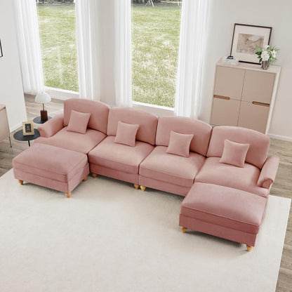 Mittelalter Ecksofa 4-Sitzer mit Rüschenschürze & Ottomane, Rosa