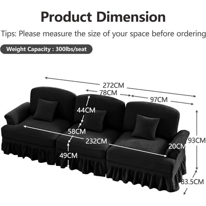 Modulares Sofa 3-Sitzer & 2-Sitzer mit Rüschenschürze, Schwarz