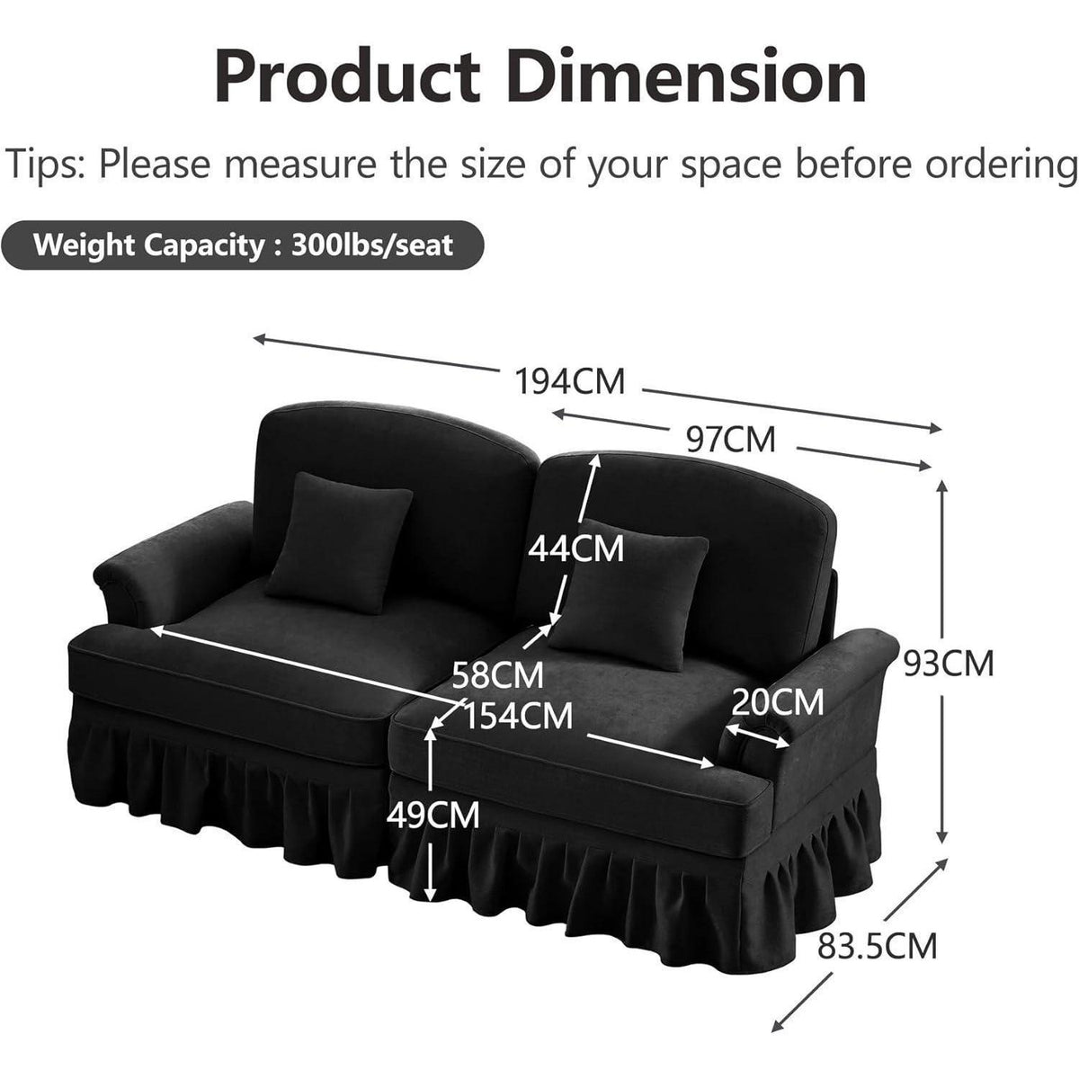 Modulares Sofa 3-Sitzer & 2-Sitzer mit Rüschenschürze, Schwarz
